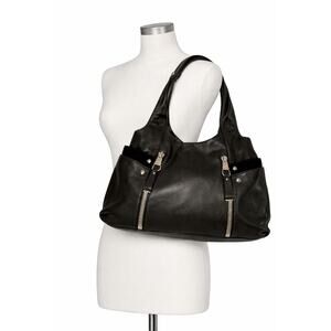 B. Makowsky Black Leather Studded Hobo Shoulder Bag